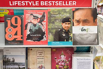 Bangkok, Thailand: books about Thailand Prime Minister Prayut Chan-o-cha next to George Orwell`s dystopias