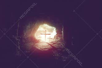View from cave of three crosses on hill of calvary, resurrection of easter concept