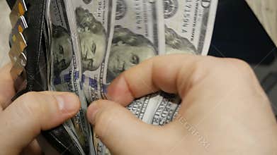 Wallet, purse with money, counting money after luck or failure, taking a cash loan