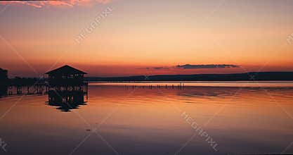 Sea sunset in vivid colors, nature landscape of a lake water and silhouette of small bungalow on a jetty