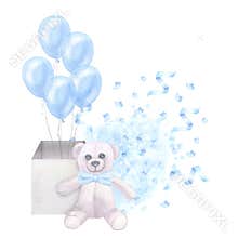 Postcard blue boy's birthday. Invitation, congratulations. Balloons box, teddy bear, confetti. Hand drawn