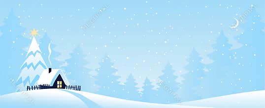 Winter banner with forest, house and fir trees, card for Christmas, beautiful snowy landscape, flat cartoon vector