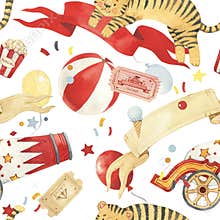 Watercolor circus seamless pattern. Hand drawn texture with air balloons, balls, tiger, tickets, cannon. Carnival