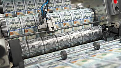 Printing money dollar bills on a print machine in typography.. Finance, tax, stock market and investment, making money concept.