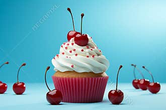delicious cupcake with cream and cherry. Christmas cupcake. free space