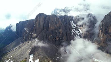 Breathtaking panorama of beautiful Alps mountains Dolomites, Val Gardena. Aerial drone overflight . northern Italy.