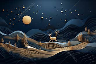 Christmas card with 3D modern art with dark blue and gold wave background and mountains and golden moon
