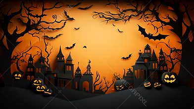 halloween village on orange background, animated illustrations, dark white and dark gray