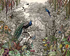 Wallpaper painting of a peacock bird in bright, beautiful colors among flowers, roses, branches and butterflies, vintage drawing