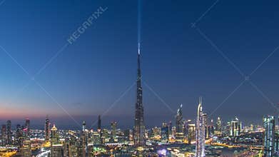 Dubai Downtown day to night timelapse view from the top in Dubai, United Arab Emirates