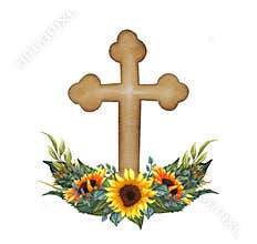 Sunflower floral cross. Easter illustration. Watercolor Wedding Cross