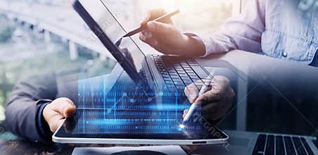 Business team present. professional investor working new start up project. Finance managers meeting.Digital tablet docking screen