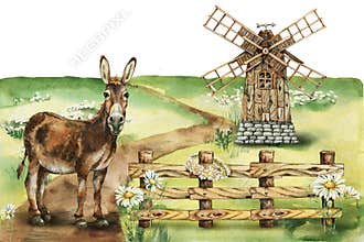 Donkey in nature with windmill, farm animals, hand drawn watercolor illustration