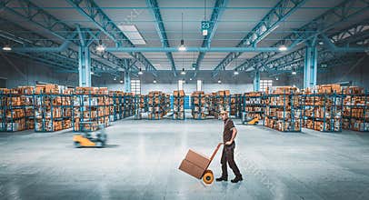 Man with handtruck work in warehouse