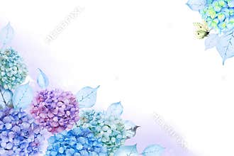 Two corner frame of beautiful purple, lilac, blue and green hydrangea flowers with lilac gradient fog and yellow lemongrass