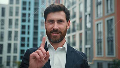 Displeased confident caucasian man businessman male deny not agree refuse offer shake finger negatively gesture dislike