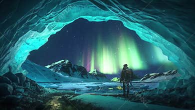 Person in the middle of ice cave with aurora, during stunnig winter evening,Iceland, texture of ice