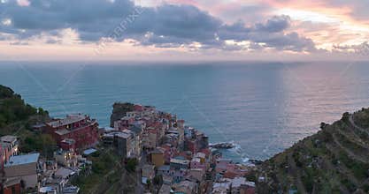 Aerial Hyperlapse of Manarola Colorful Cliffside Town of Cinque Terre, Italy.