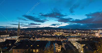 Beautiful blue hour timelapse Zurich, the largest city in Switzerland at night.