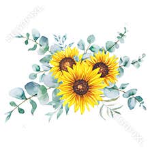 Watercolor sunflowers bouquet, hand painted sunflower bouquets, sunfower flower arrangement. Wedding invitation clipart elements.