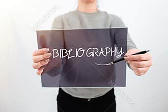 Conceptual display Bibliography. Business showcase a list of writings relating to a particular subject, period, or