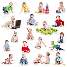 Set of crawling babies or toddlers with toys