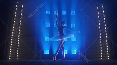 Young classical ballet dancer dancing in background of smoke and spotlights with soft blue light. Silhouette of