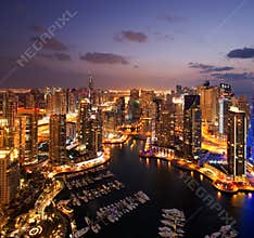 A view of Dubai Marina, at Dusk, also showing JBH
