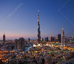 A skyline of Downtown Dubai with Burj Khalifa and