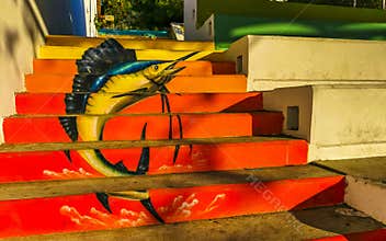 Stairs with fish graffiti art drawings paintings Puerto Escondido Mexico