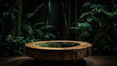 Wooden round podium in the tropical forest. Abstract natural background.