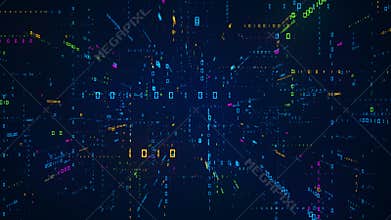 Virtual Digital Data Space Blue Yellow Purple Green Shiny Vertical Horizontal Binary Digital Number