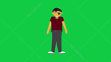 Character smiling, pointing left with pirate blindfold animated