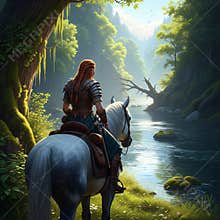 An AI generated image of a solitary medieval fantasy wanderer riding a horse in forested wilderness