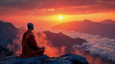 Buddhist monk meditating on the mountain at dawn. Spiritual contemplation with breathtaking scenery. Concept of Buddhism, prayer