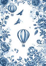 Clip art illustration in the style of toile de jouy with balloons and flowers. Vintage retro flower wreath hand drawn in