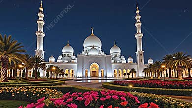 Grand view of Sheikh Zayed Grand Mosque surrounded by lush gardens at night, beautifully arranged flowers Generative AI