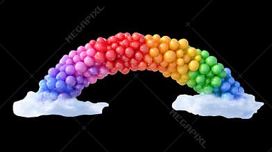 Rainbow of balloons arching over white clouds on transparent background