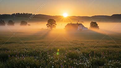Warm Golden Sunrise Over Foggy Green Field Landscape with White House and Trees