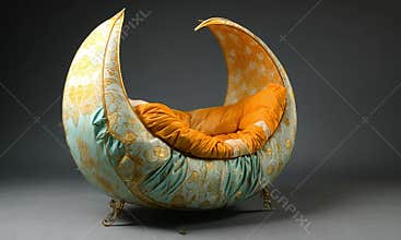 Ornate crescent-shaped seating, crafted from luxurious fabrics in a crescent moon shape