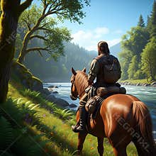 An AI generated image of a solitary medieval fantasy wanderer riding a horse in forested wilderness