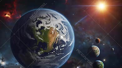View of planet earth orbiting in the space with other planet anround the sun.
