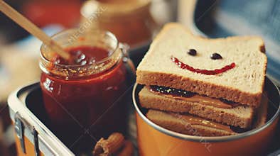 Making a Happy Face Peanut Butter and Jelly Sandwich for Lunch