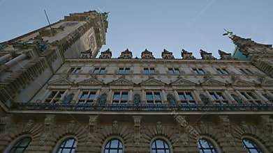 Historical city hall with windows and plaster decor on facade in Hamburg Germany