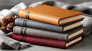 Four hardcover books in vibrant colors are stacked together, showcasing their textures against a gray background