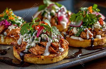 Delicious gourmet chicken arepas topped with fresh herbs and cheese