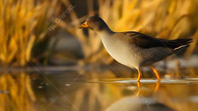 A white-faced whistling duck is walking in shallow water with golden reeds in the background, an evocative glimpse of nature