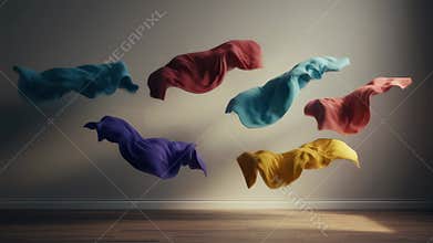 Colorful fabrics in motion: dynamic display of floating textile art