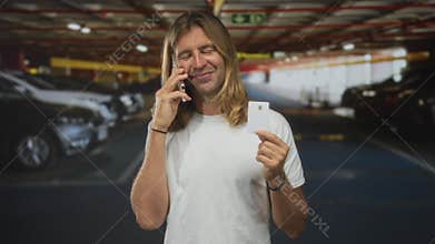 Blond man holds creditcard and phone to ear in underground parking building with cars behind; confidence