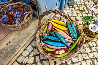 Decorated local ceramic Sardines in Portuguese souvenir store in Lagos, Portugal